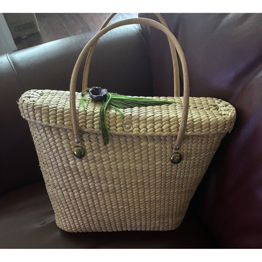 Vintage 1960s Mexican Woven Straw Basket Purse 3D Palm Leaf Flowers MCM Tote Bag - Picture 7 of 9